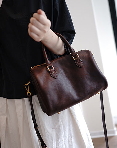 Brown Wide Strap Boston Bag Leather Crossbody Purse for Work