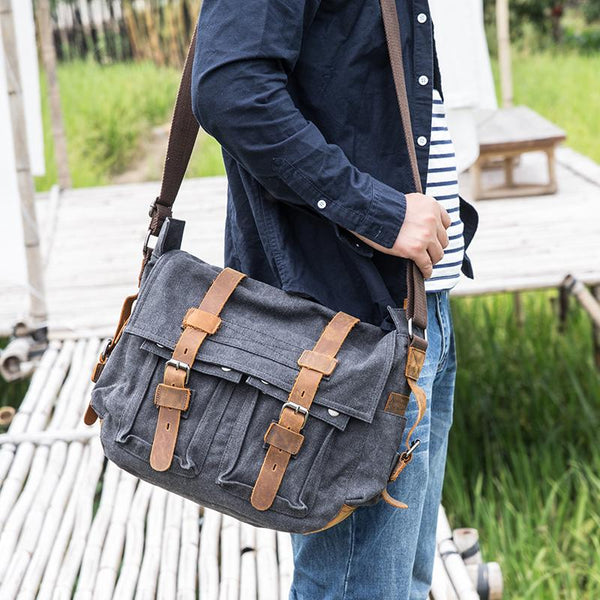 Canvas Mens 14 Side Bag Courier Bag Gray Postman Bag Messenger Bag for Men