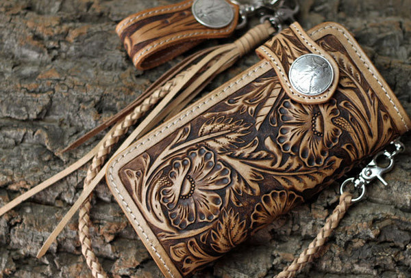 Handmade red brown leather floral eagle carved biker wallet bifold lon