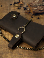 wallet with chain strap Cool leather biker wallet trucker wallet leather chain wallet mens Brown long wallet with chain 