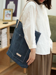 Mens Denim Blue Vertical Tote Bag Minimalist Denim Shoulder Tote Messenger Bag for Women