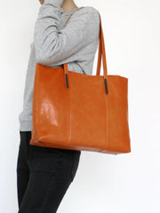 Womens Brown Leather Tote Purse Horizontal Tote Shopper Shoulder Bag for Ladies