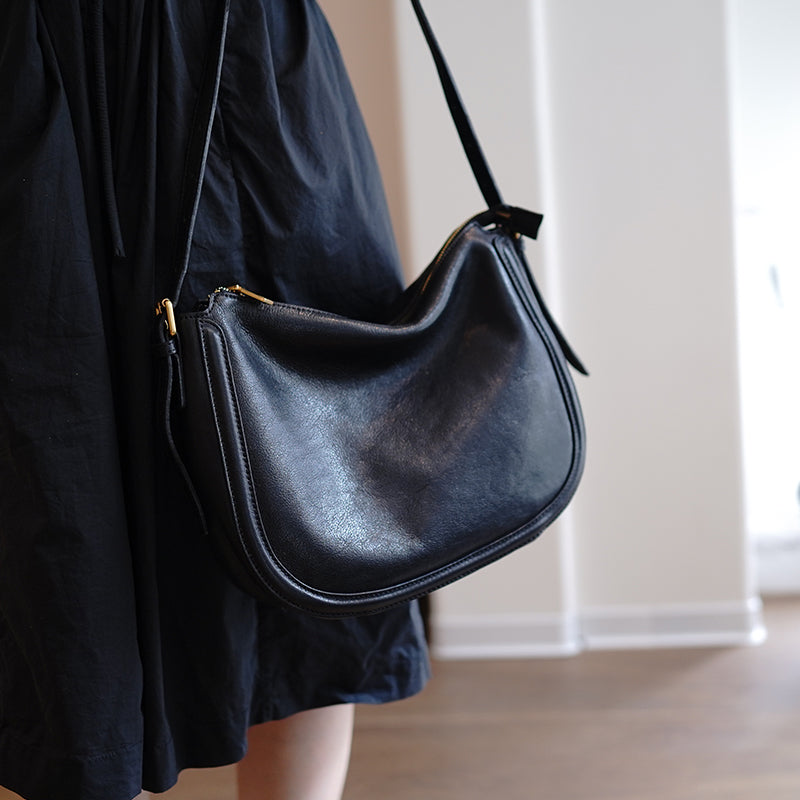 Cute Black Leather Saddle Shoulder Bag Women Saddle Crossbody Bag for