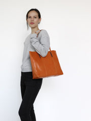 Womens Brown Leather Tote Purse Horizontal Tote Shopper Shoulder Bag for Ladies