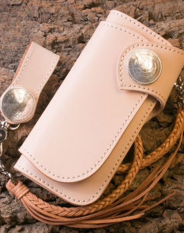 Leather Chain Wallets Handmade Biker Wallet beige Leather Biker Wallet with Chain Bifold Long Wallet for Men