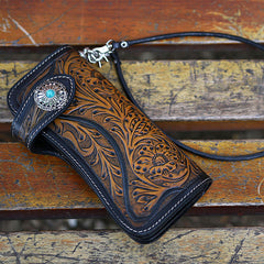 Handmade Tooled Black Leather Mens Biker Chain Wallet Long Biker Wallet with Chain for Men