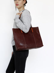 Womens Brown Leather Tote Purse Horizontal Tote Shopper Shoulder Bag for Ladies