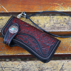 Handmade Tooled Black Leather Mens Biker Chain Wallet Long Biker Wallet with Chain for Men