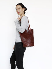 Womens Brown Leather Bucket Tote Purse Vertical Tote Shopper Shoulder Bag for Ladies