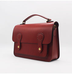 Womens Red Brown Leather Satchel Crossbody Bag Handmade School Handbag Shoulder Bag for Ladies