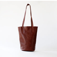 Womens Brown Leather Bucket Tote Purse Vertical Tote Shopper Shoulder Bag for Ladies