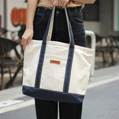 Mens White&Blue Canvas Stachel Tote Bag Canvas Tote Shoulder Bags Handbag for Women