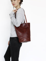 Womens Brown Leather Bucket Tote Purse Vertical Tote Shopper Shoulder Bag for Ladies