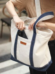 Mens White&Blue Canvas  Stachel Tote Bags Canvas Tote Shoulder Bag Handbag for Women