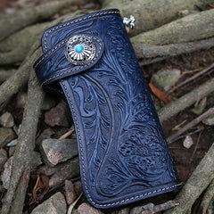 Handmade Tooled Black Leather Mens Biker Chain Wallet Long Biker Wallet with Chain for Men