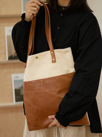 White&Brown Canvas Tote Bag Canvas Leather Handbag Womens Canvas Leather Totes Bag for Men