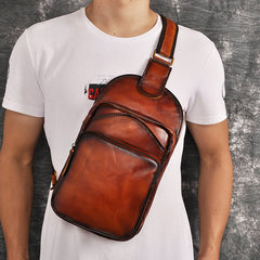 large leather sling bag Brown Leather Chest Bag For Men Cool Leather Sling Bag Mens Sling Crossbody Backpack