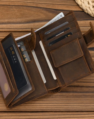 Vertical Leather Trifold Wallets for Men A Lot of Cards High Quality Trifold Leather Wallet With Buckle ID Window