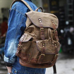 backpack canvas vintage​ Waxed Canvas Backpack With Laptop Compartment Canvas And Leather Backpack Hiking Backpack for Men 