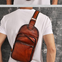 Brown Leather Chest Bag For Men Cool Leather Sling Bag Mens Sling Crossbody Backpack leather sling bag men​