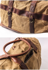 Khaki Waxed Canvas Leather Mens Waterproof Large Weekender Bag Travel Bag Luggage Bag for Men