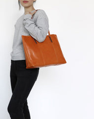 Womens Brown Leather Tote Purse Horizontal Tote Shopper Shoulder Bag for Ladies