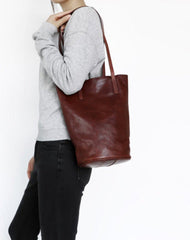 Womens Brown Leather Bucket Tote Purse Vertical Tote Shopper Shoulder Bag for Ladies