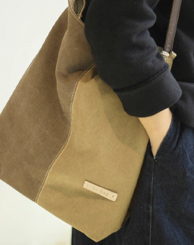 Khaki Canvas Splicing Tote Bag Canvas Womens Handbag Canvas Tote Shoulder Bag for Men Women