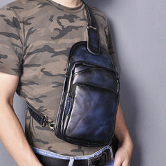 Blue Leather Chest Bag For Men Cool Leather Sling Bag leather sling crossbody bag Mens Sling Crossbody Backpack