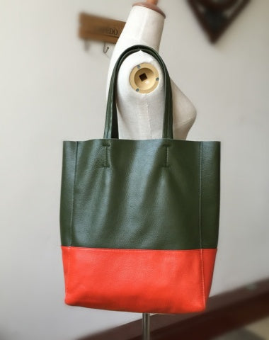 Green&Orange Leather Tote Bag Two Tone Tote Bag Womens Two Tone Purse Leather Work Tote Bag