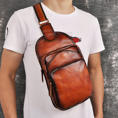 mens sling bags leather​ Leather Chest Bag For Men Cool Leather Sling Bag Mens Sling Crossbody Backpack