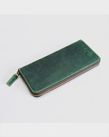 MENS Green LEATHER ZIPPER LONG CLUTCH Personalized WALLETs ZIPPER VINT