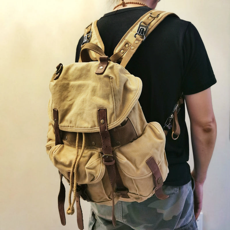 Khaki Mens Canvas Travel Backpack Canvas EDC Backpack Hiking Backpacks for Men