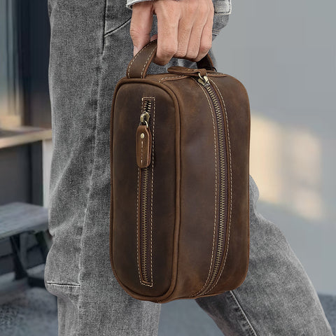 Dark Brown Leather Toiletry Bag for Men Leather Dopp Kits for Men Mens Ditty Bags Leather