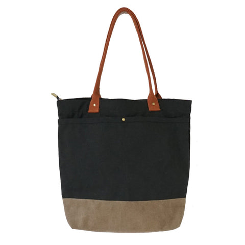 Women Black&Khaki Canvas Shopper Tote Bags 