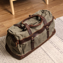 Khaki Waxed Canvas Leather Mens Waterproof Large Weekender Bag Travel Bag Luggage Bag for Men