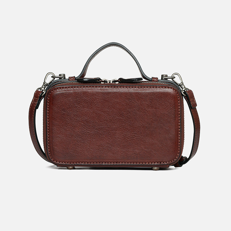 Vintage Womens Brown Leather Box Satchel Handbag Square Shoulder Bag H