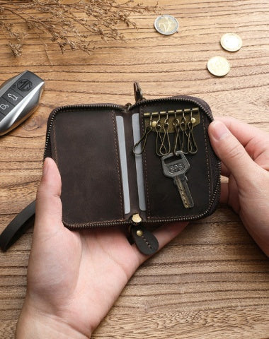 Leather Key Holder Wallet Mens Leather CarKey Fob Wallet Zipper Leather Key Wallet