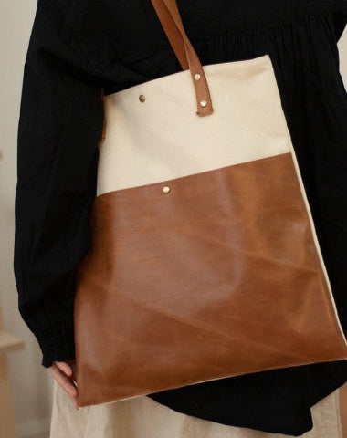 White&Brown Canvas Tote Bag Canvas Leather Handbags Womens Canvas Leather Totes Bag for Men