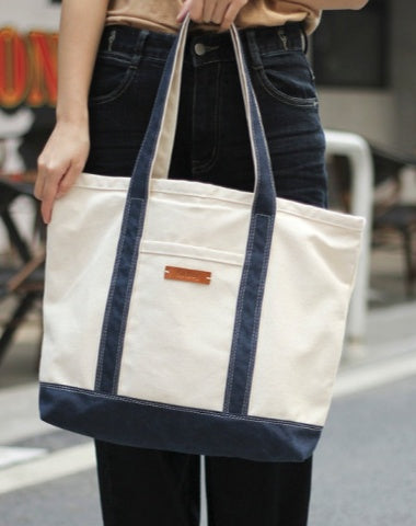 Womens White&Blue Shopping Canvas Tote Bag White Large Canvas Book Tote