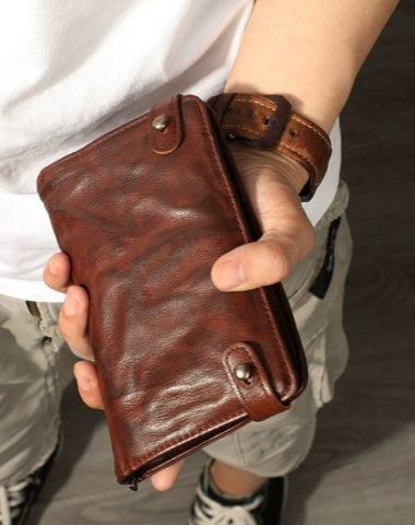 Brown Mens Bifold Leather Wallet With Pen Holder Cool Leather Wallet With Phone Pocket