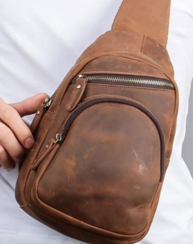 One Shoulder Backpack For Men Vintage Brown Leather Chest Bag Cool Sling Bags Crossbody Sling Bag