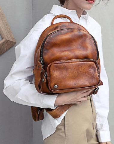 Brown Small Leather Backpack for Women Brown Leather Backpack Vintage Leather Rucksack Backpack