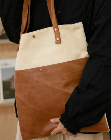 White&Brown Canvas Tote Bags Canvas Leather Handbags Womens Canvas Leather Tote Bag for Men