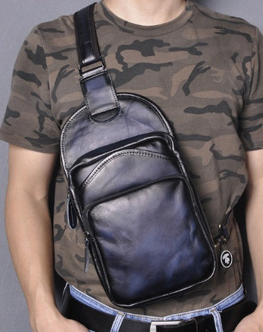 Blue Leather Chest Bag For Men Cool Leather Sling Bag Mens Sling Crossbody Backpack