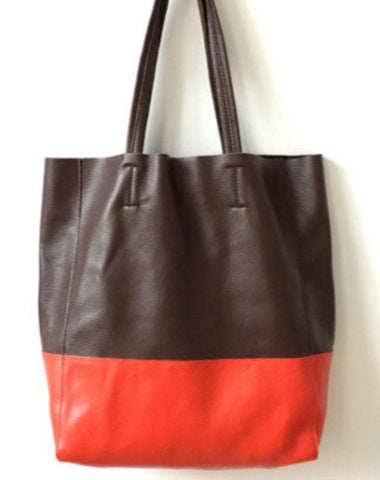 Dark Brown&Orange Leather Tote Bag Two Tone Tote Bag Womens Two Tone Purse Leather Work Tote Bag