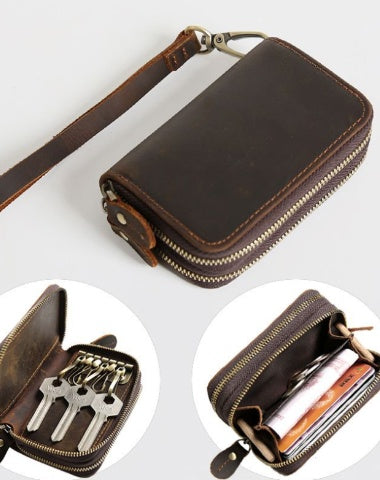 Zipper Leather Key Wallet Mens Leather Car Key Fob Wallet Leather Key Holder Wallet