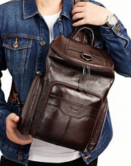 Coffee Leather Large Sling Bag For Men Convertible Sling Backpack For Big Men