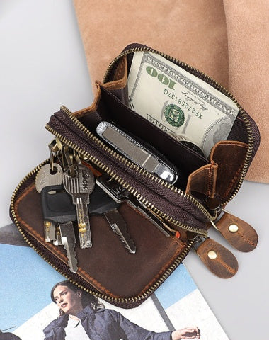 Leather Car Key Fob Wallet Leather Key Holder Wallet Mens Zipper Leather Key Wallet