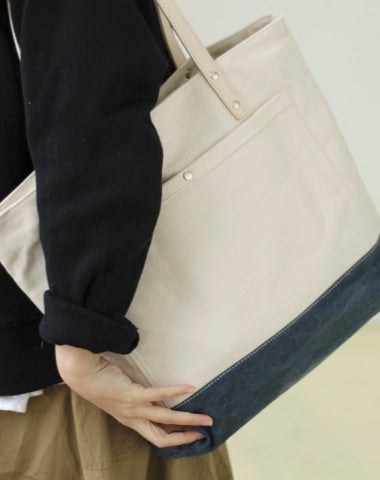 Canvas Tote Shoulder Bag Handbag for Mens Women Beige&Navy Canvas Shopper Tote Bags 